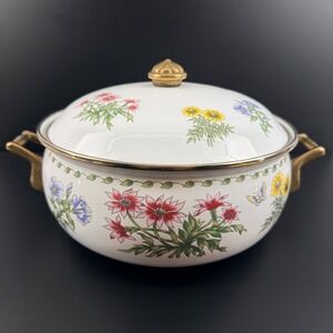 Vintage Regency Club Enamel Dutch Oven Floral Butterfly Brass Handles 10"
